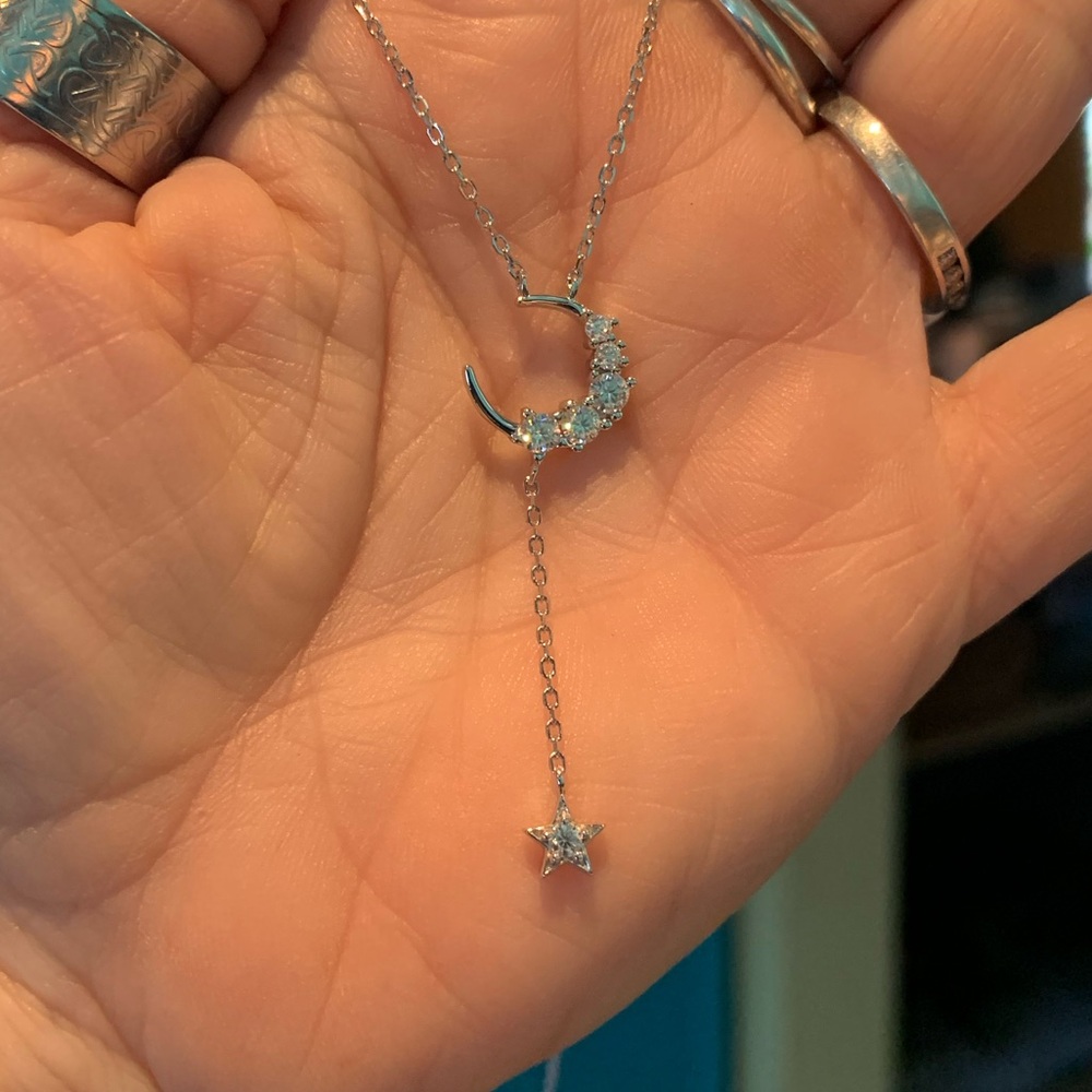 Silver Crescent Moon and Star Necklace Moissanite 1ct